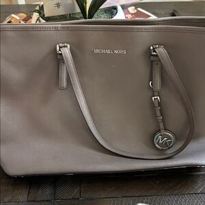 Michael Kors Brown Gray shoulder Bag with Padded Computer Case with Logo Charm
